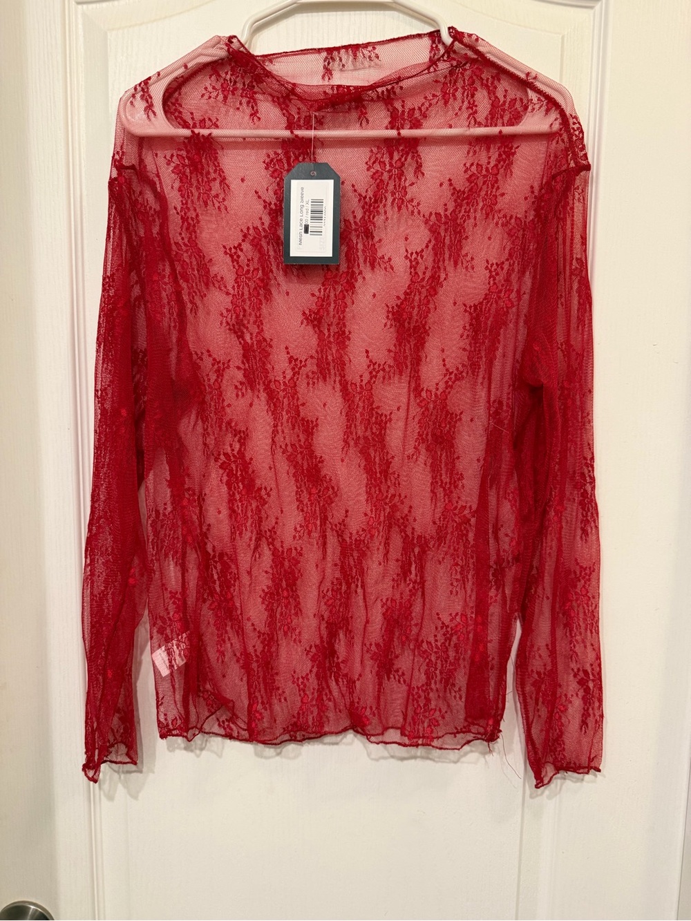 Sheer Lace Long-Sleeve Tee - Red - Picture 2 of 4